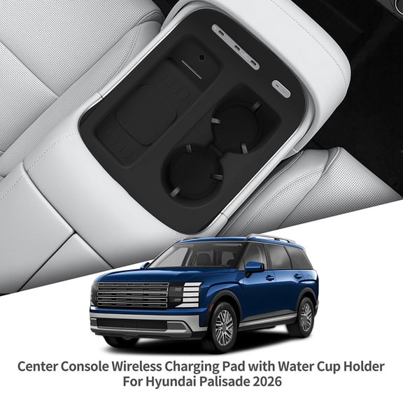 Car Center Console Cup Holder Insert With Wireless Charging Mat For Hyundai Palisade 2026 Non-Slip Silicone Storage Organizer Wireless Charging Pad For Front Seat Interior Upgrade