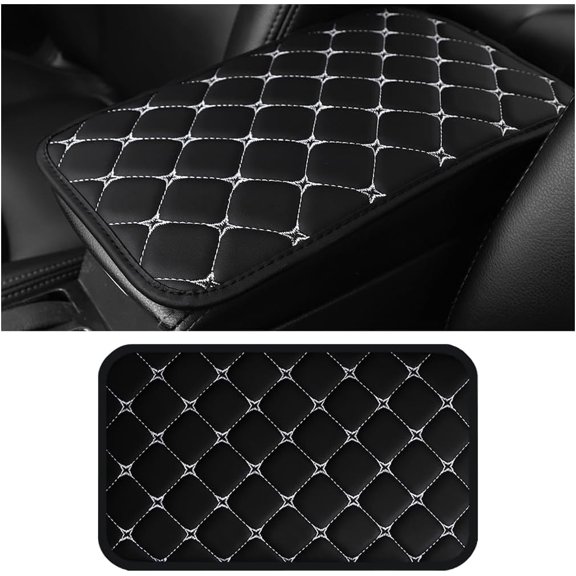 Car Center Console Cushion Pad, PU Leather Vehicle Armrest Protection Cover, Waterproof Automotive Interior Arm Rest Seat Box Mat Accessories, Universal for SUV, Sedan, Truck (Black/White)