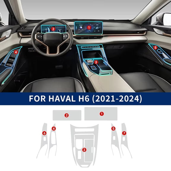 Car Center Console Navigation Dashboard Gear Door Window Panel Interior Film Tpu Transparent LHD For Haval H6 3rd Gen 2021-2024.