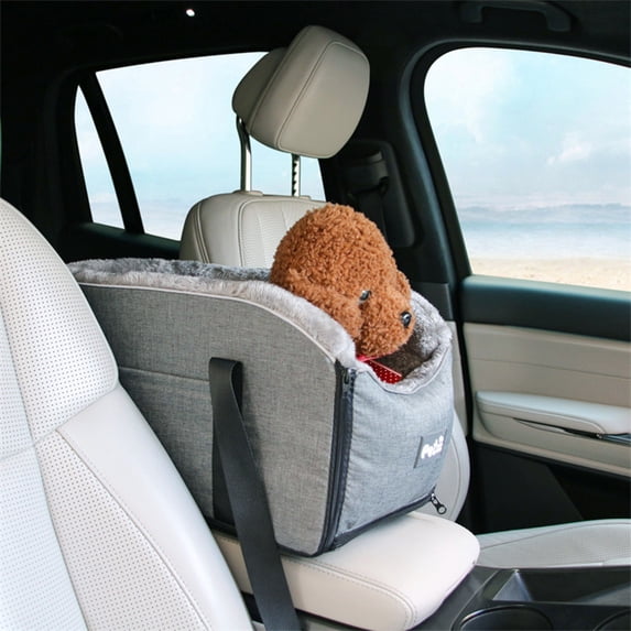 Car Center Console Pet Bed with Stability Strap, Soft Pet Carrier for Vehicle, Removable Cushion and Handles for Small Dogs and Cats