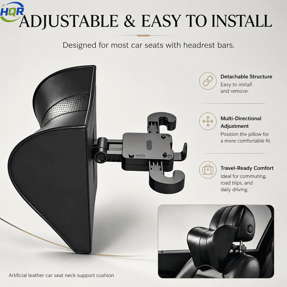 Adjustable Car Headrest Pillow, Artificial Leather Car Seat Neck Support Cushion with Curved Design, Travel Pillow for Adults, Black, 1 Count