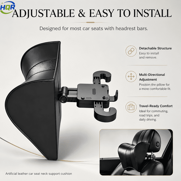 Adjustable Car Headrest Pillow, Artificial Leather Car Seat Neck Support Cushion with Curved Design, Travel Pillow for Adults, Black, 1 Count