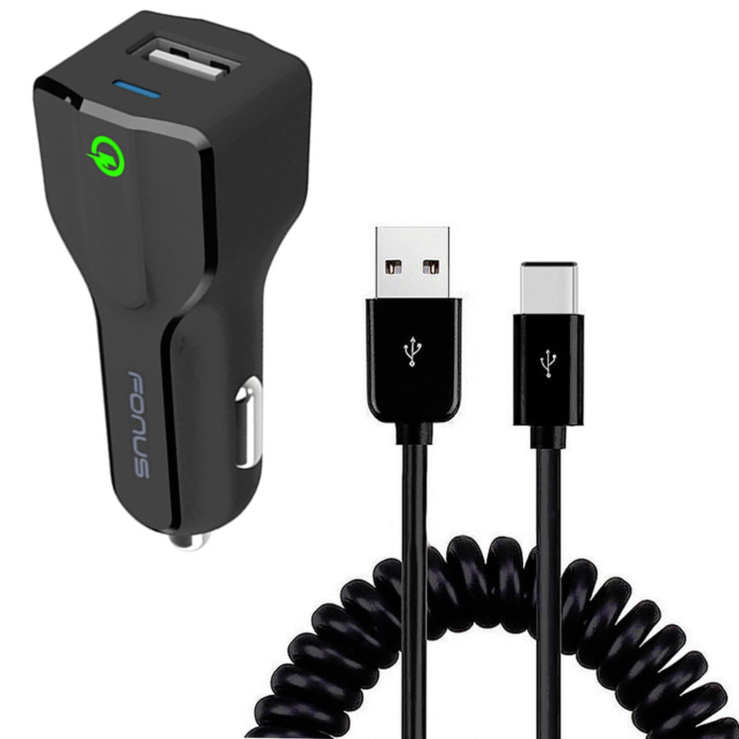 Car Charger 18W Fast for Samsung Galaxy S20/FE/FE/Plus/Ultra/S21/FE/FE/Plus/Ultra/S22/Plus/Ultra - USB Port Coiled Cable Type-C Quick Charge DC Socket Power