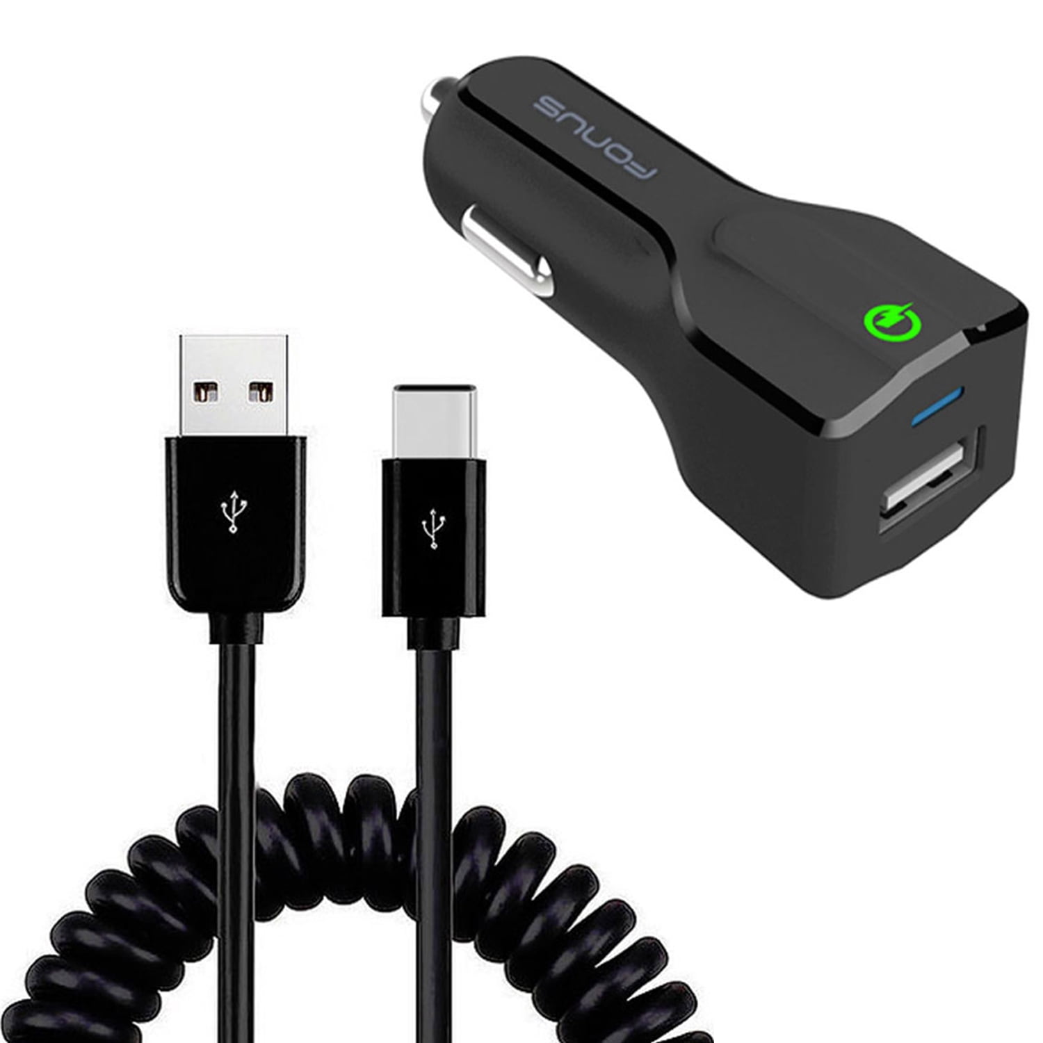 Car Charger 18W Fast for Samsung Galaxy S23/FE/Plus/Ultra/S24/FE/Plus/Ultra - USB Port Coiled Cable Type-C Quick Charge DC Socket Power