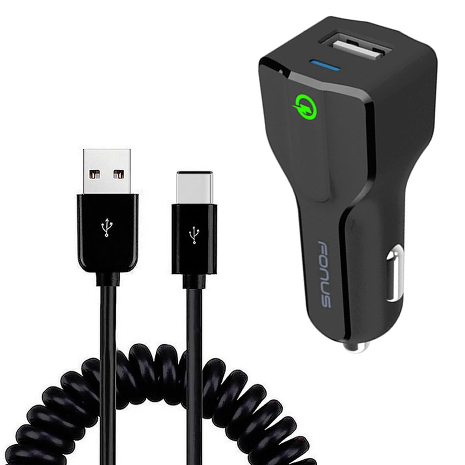 Car Charger 18W Fast for iPhone 15/16/Plus/Pro/Pro Max/16e - USB Port Coiled Cable Type-C Quick Charge DC Socket Power