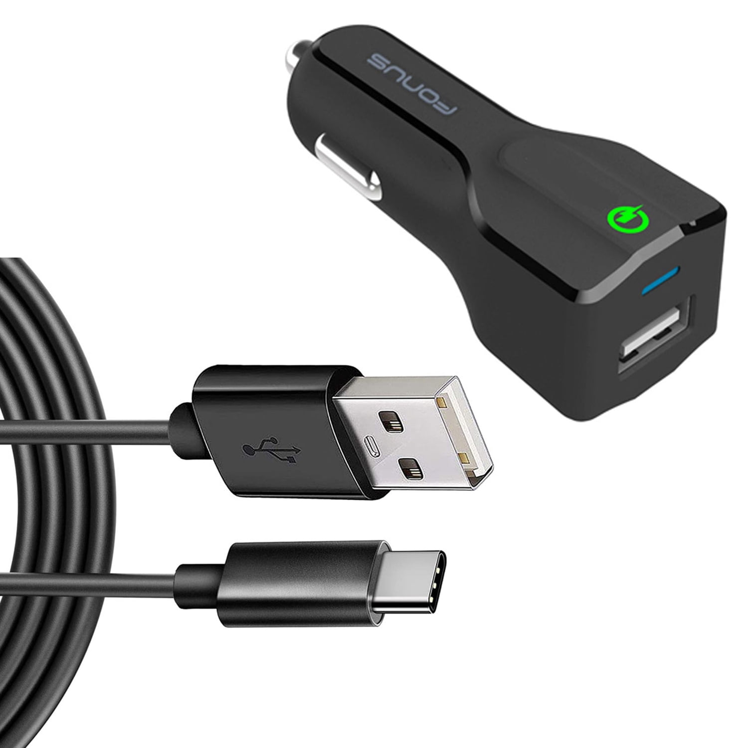 Car Charger 24W Fast for OnePlus 11 5G/12 5G/12R 5G/13/13R - 2-Port USB 6ft Cable Type-C Turbo Charge DC Socket Power