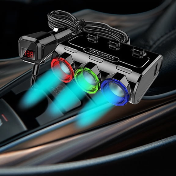 Car Charger 3 Socket Cigarette Lighter Splitter, USB Adapter with Voltage Display, 12V 24V Multi Port Power Adapter, Fast Charging Phone Tablet GPS Dash Cam Supply