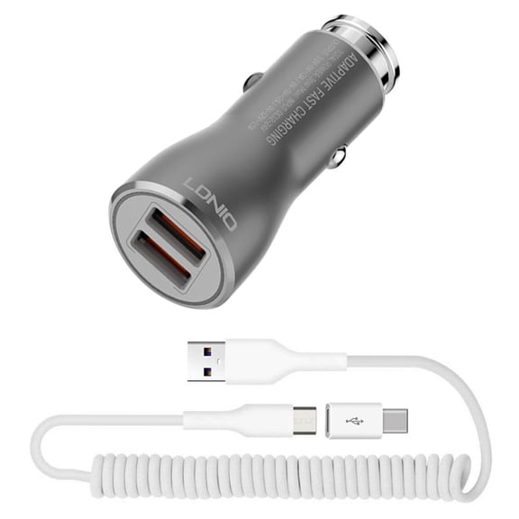 Car Charger 36W Fast for Samsung Galaxy A05/A13 5G/A14 5G/A23 5G/A33 5G/A53 5G/A73 5G - 2-Port USB Coiled Cable Type-C Quick Charge DC Socket Power