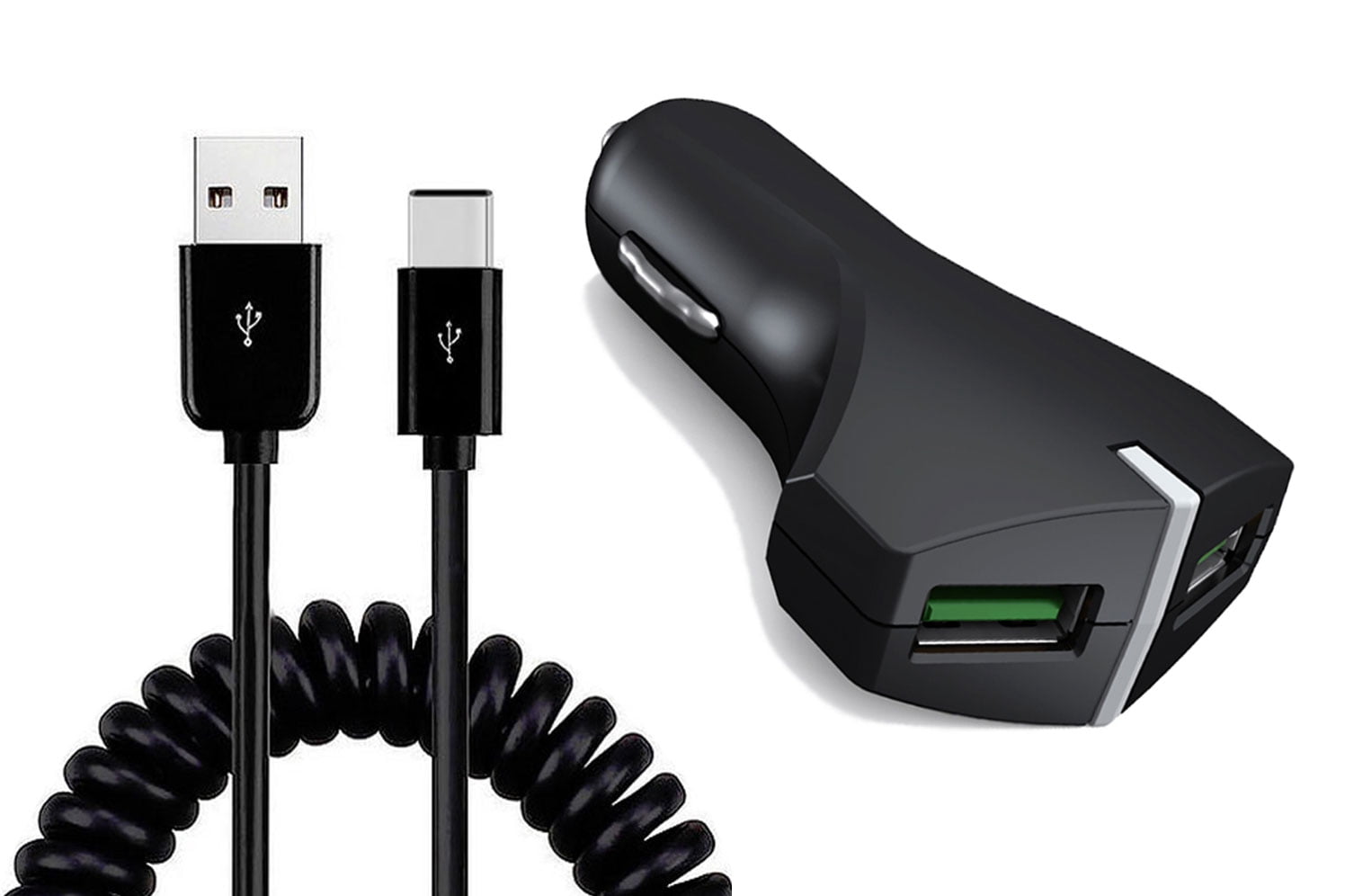 Car Charger 36W Fast for Samsung Galaxy S23/FE/Plus/Ultra/S24/FE/Plus/Ultra - 2-Port USB Coiled Cable Type-C Quick Charge DC Socket Power