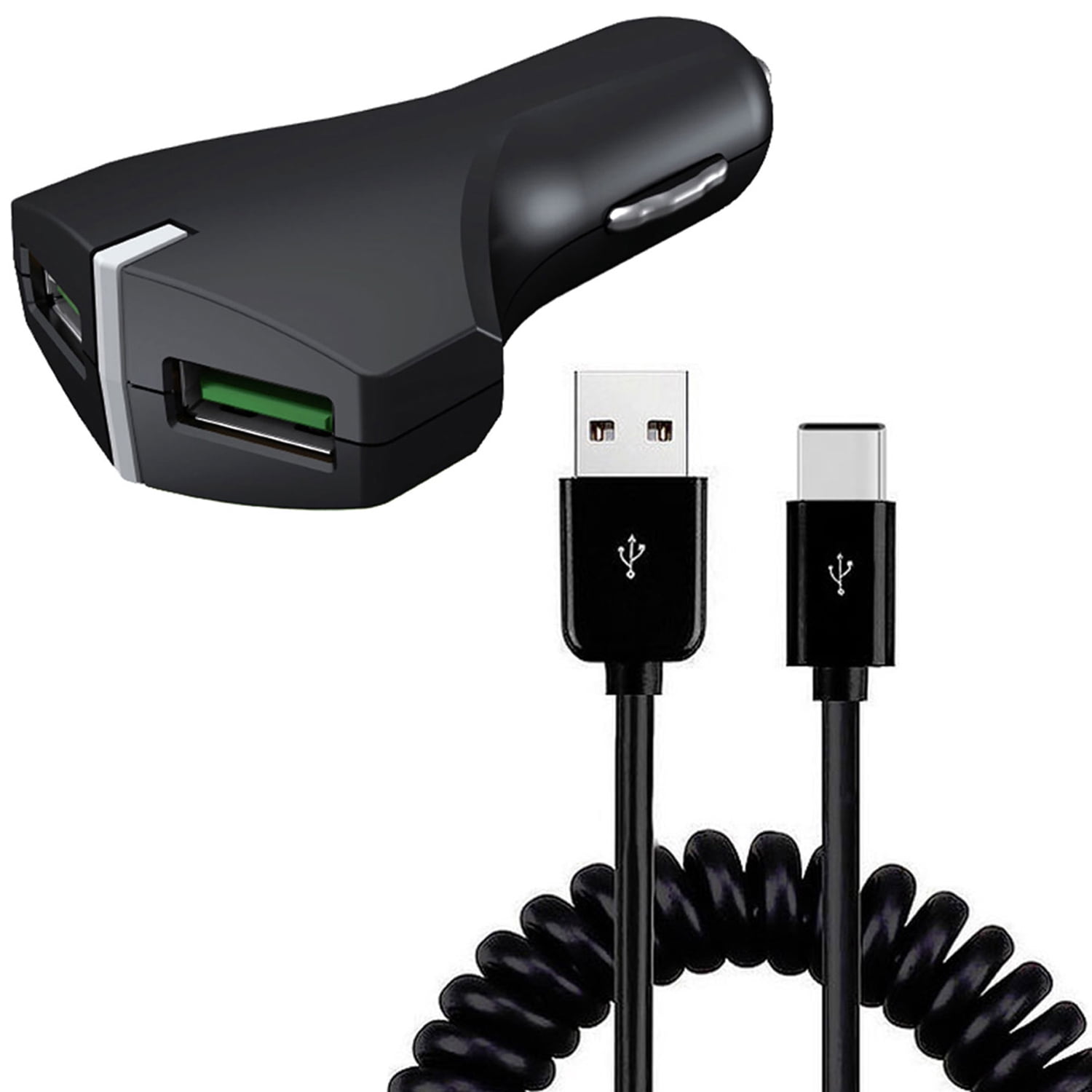 Car Charger 36W Fast for Samsung Galaxy S25/Edge/Plus/Ultra - 2-Port USB Coiled Cable Type-C Quick Charge DC Socket Power