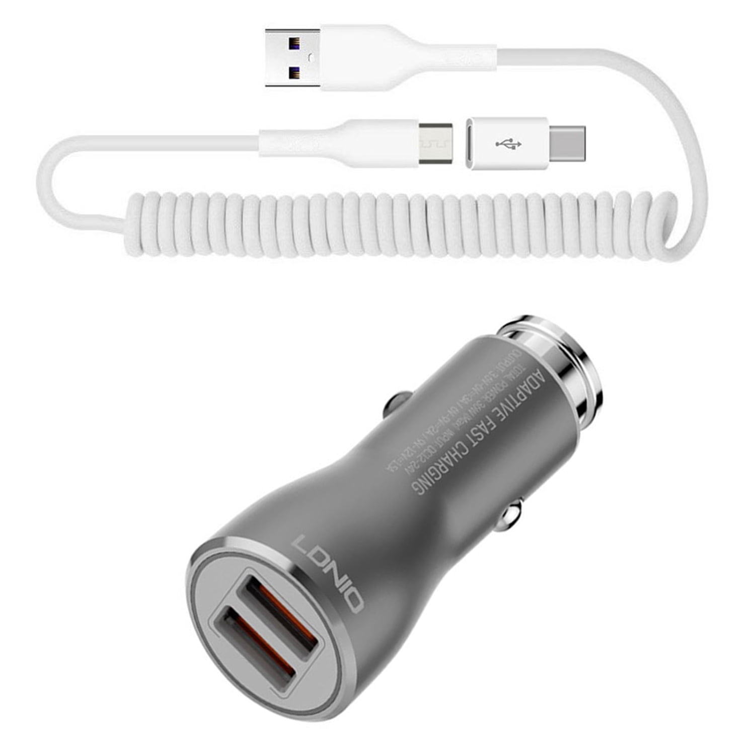 Car Charger 36W Fast for Samsung Galaxy S25/Edge/Plus/Ultra - 2-Port USB Coiled Cable Type-C Quick Charge DC Socket Power