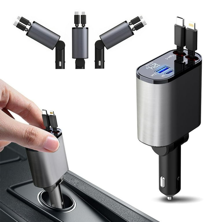 Car Charger 4 in 1 with Dual Retractable Cable Dual Port USB C PD