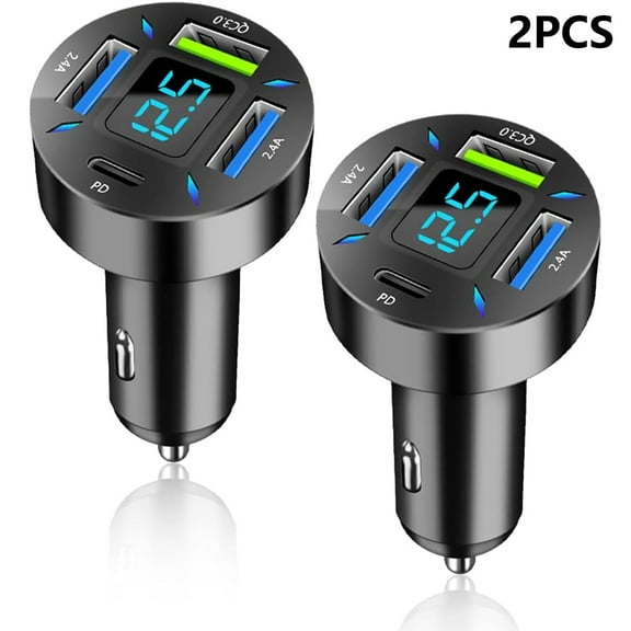 OFEFE 66W Super Fast Car Charger with Voltmeter & LED Lights - 4-Port USB C/QC 3.0 Car Charger Adapter for iPhone 14/13, Samsung S22, iPad, Compatible with 12-24V Cigarette Lighter (2 Pack, Black)