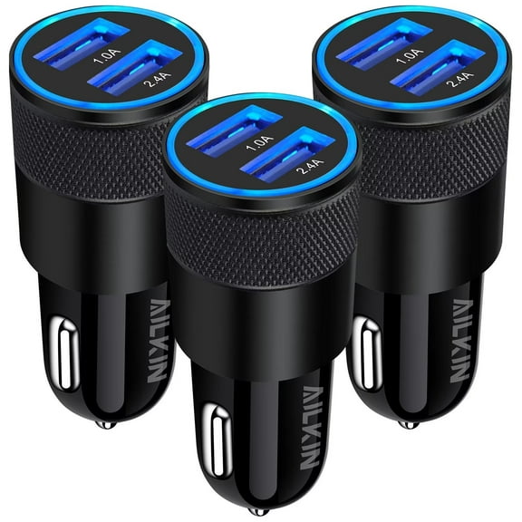 Car Charger,AILKIN 3Pack 3.4A Dual Port USB Car Charger Adaptor for iPhone Charging Cigarette Lighter Socket Adapter,Black