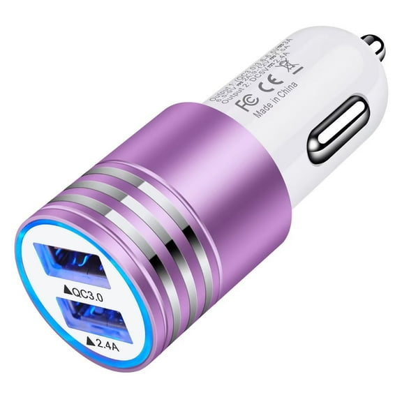 Car Charger,AILKIN QC 3.0&2.4A Fast Charge Car Cigarette Lighter Socket Quick Fast Charging Dual USB Car Charger Adapter,Purple