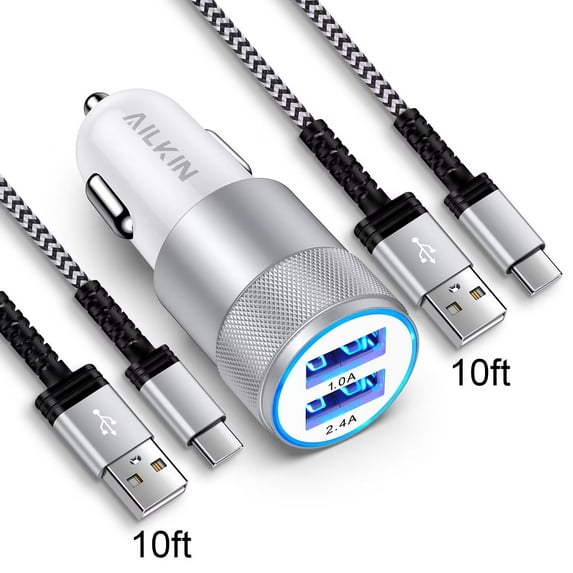 Car Charger Adapter Usb C,AILKIN Set of 3PACK Car Charger for Android Type C Car Charger Fast Charging Cigarette Lighter Adapter with 2PACK Usb Type C Charging Cable 10ft