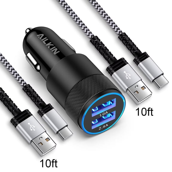 Car Charger Adapter Usb C,AILKIN Set of 3PACK Car Charger for Android Type C Car Charger Fast Charging Cigarette Lighter Adapter with 2PACK Usb Type C Charging Cable 10ft,Blackwhite