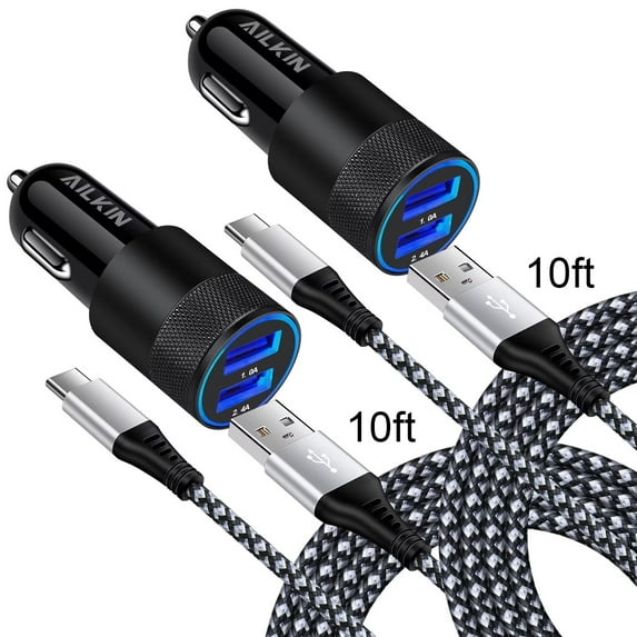 Car Charger Adapter Usb C,AILKIN Set of 4PACK Car Charger for Android Type C Car Charger Fast Charging Cigarette Lighter Adapter with 2PACK Usb Type C Charging Cable 10ft