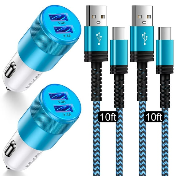 Car Charger Adapter Usb C,AILKIN Set of 4PACK Car Charger for Android Type C Car Charger Fast Charging Cigarette Lighter Adapter with 2PACK Usb Type C Charging Cable 10ft,Blue
