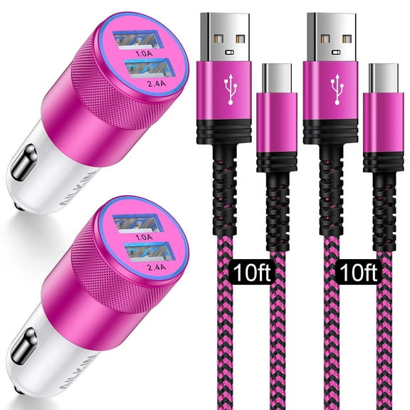 Car Charger Adapter Usb C,AILKIN Set of 4PACK Car Charger for Android Type C Car Charger Fast Charging Cigarette Lighter Adapter with 2PACK Usb Type C Charging Cable 10ft,Rose
