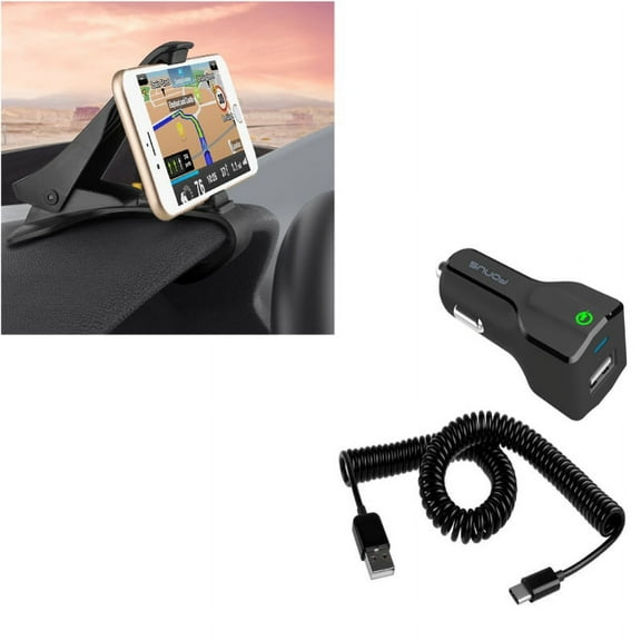 Car Charger & Car Mount for Samsung Galaxy S24/Ultra/Plus - 18W Fast USB Port Coiled Cable Type-C, Dash Non-Slip Holder Cradle for Galaxy S24/Ultra/Plus