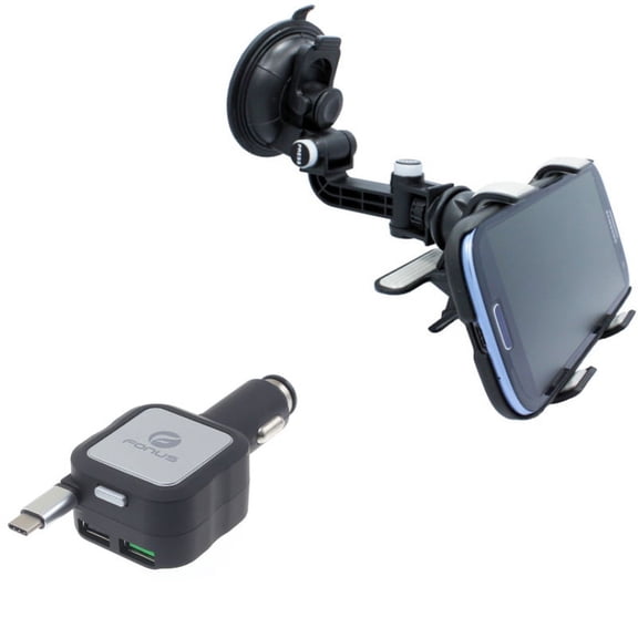 Car Charger & Car Mount for Samsung Galaxy S24/Ultra/Plus - Retractable 4.8Amp Type-C 2-Port USB, Dash Windshield Holder Cradle for Galaxy S24/Ultra/Plus