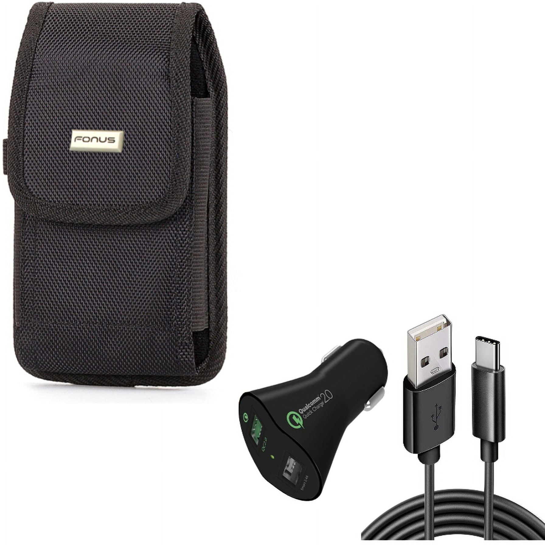 Car Charger & Case Belt Clip for iPhone 15 Pro - 30W Fast 2-Port USB 6ft Cable Type-C and Rugged Holster Canvas Cover X9O for iPhone 15 Pro (6.1")
