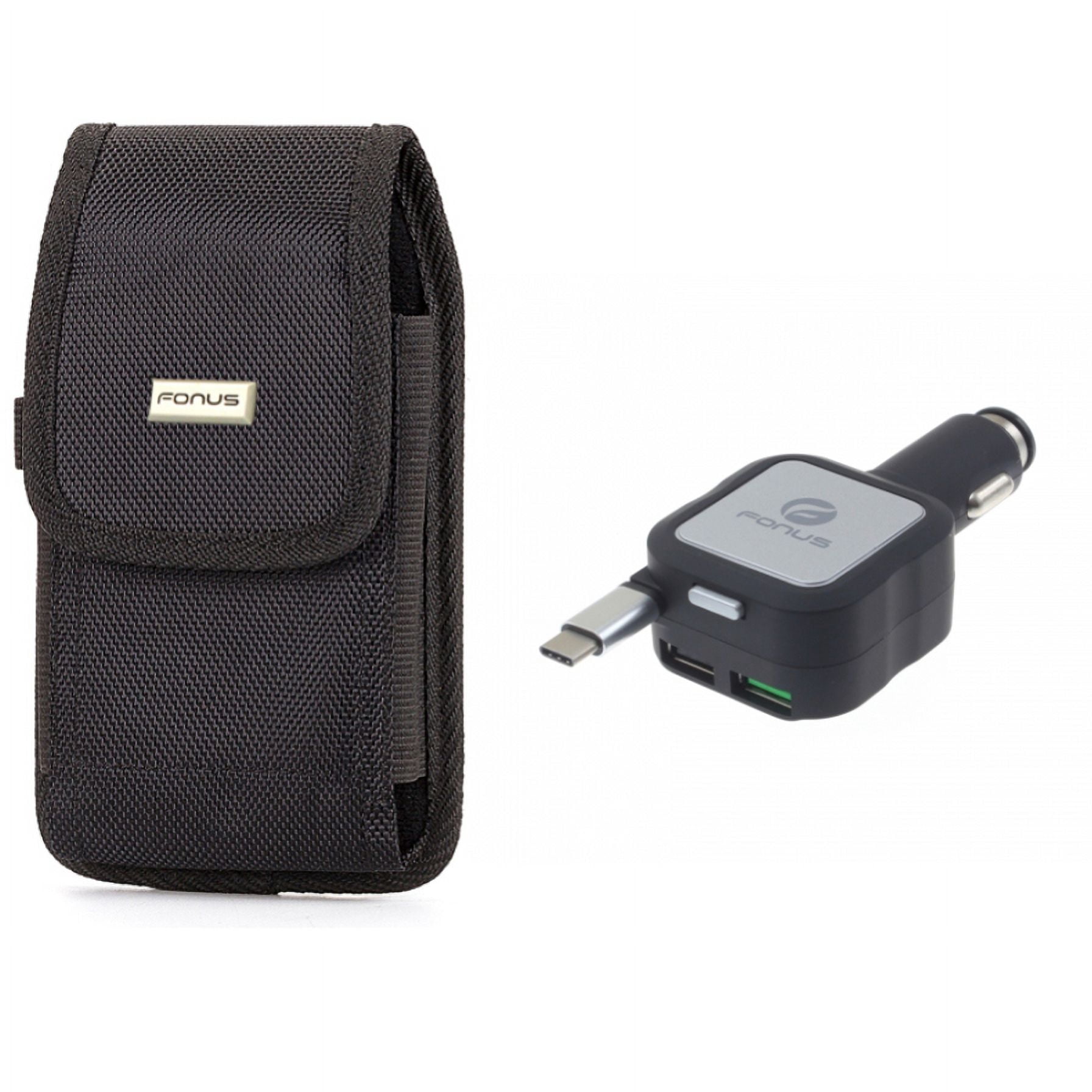 Car Charger & Case Belt Clip for iPhone 15 Pro - Retractable 4.8Amp Type-C 2-Port USB and Rugged Holster Canvas Cover Z1G for iPhone 15 Pro (6.1")