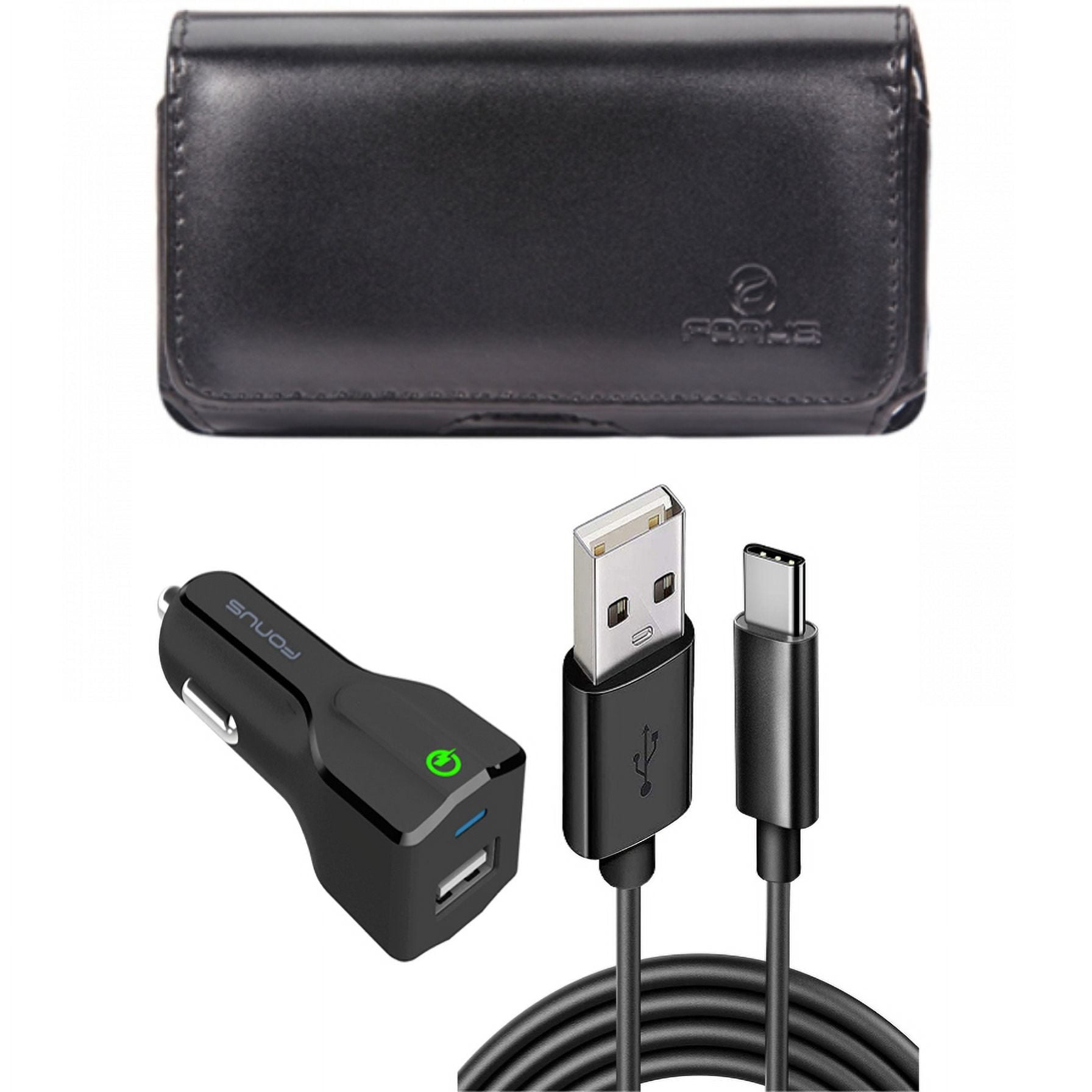 Car Charger & Case Belt Clip for iPhone 15 Pro Max - 18W Fast USB Port 6ft Cable Type-C and Leather Swivel Holster Cover K4L for iPhone 15 Pro Max (6.7")