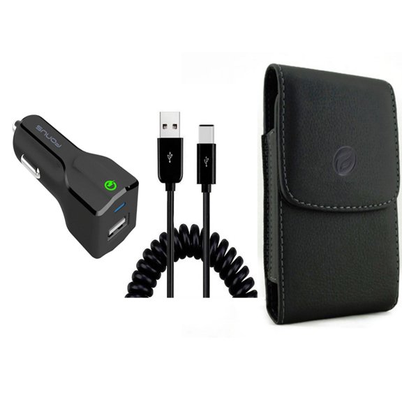Car Charger & Case Belt Clip for iPhone 15 Pro Max - 18W Fast USB Port Coiled Cable Type-C and Leather Holster Cover Pouch J4W for iPhone 15 Pro Max (6.7")