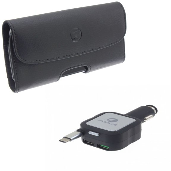 Car Charger & Case Belt Clip for iPhone 15 Pro Max - Retractable 4.8Amp Type-C 2-Port USB and Leather Holster Cover Loops Y7R for iPhone 15 Pro Max (6.7")
