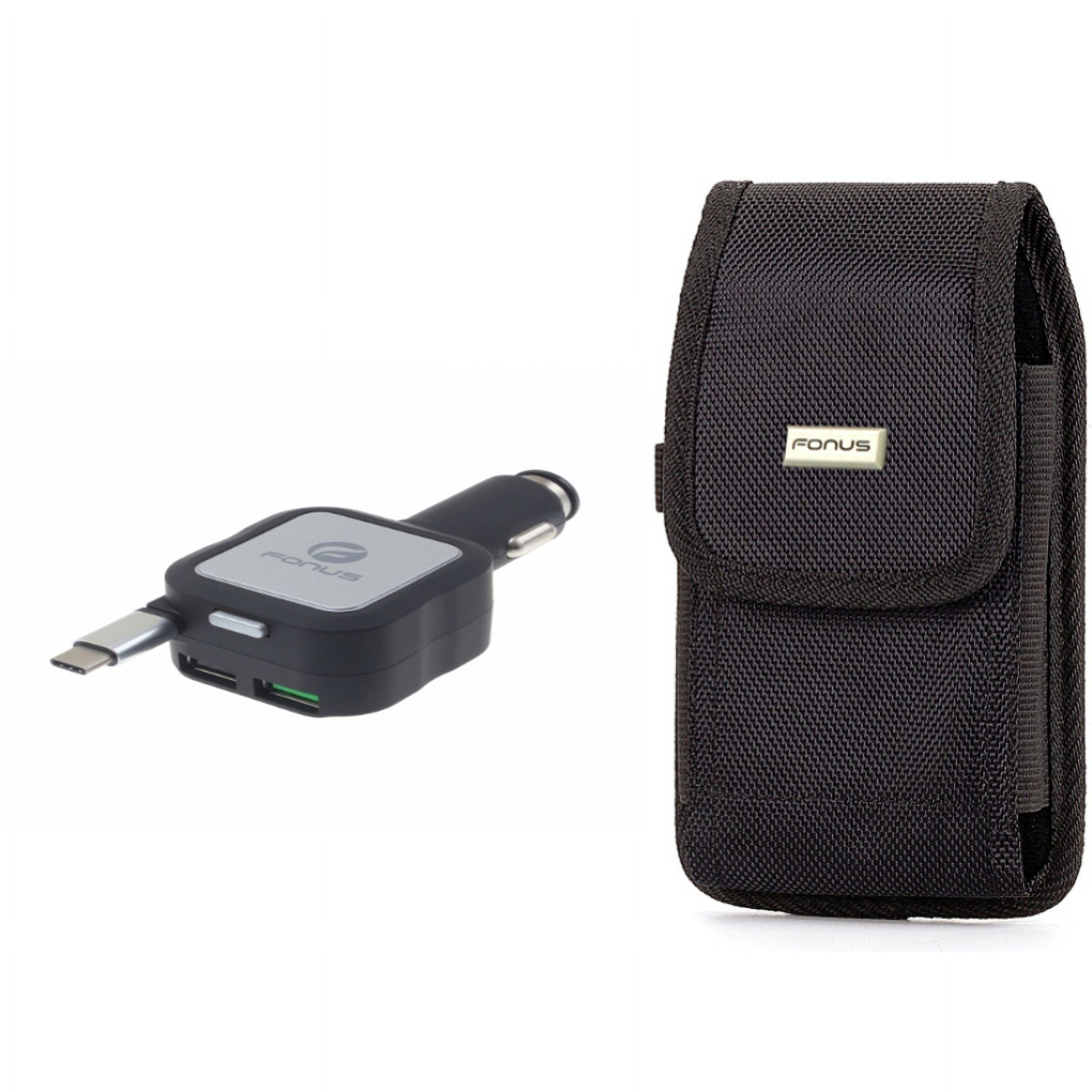 Car Charger & Case Belt Clip for iPhone 15 Pro Max - Retractable 4.8Amp Type-C 2-Port USB and Rugged Holster Canvas Cover W5O for iPhone 15 Pro Max (6.7")