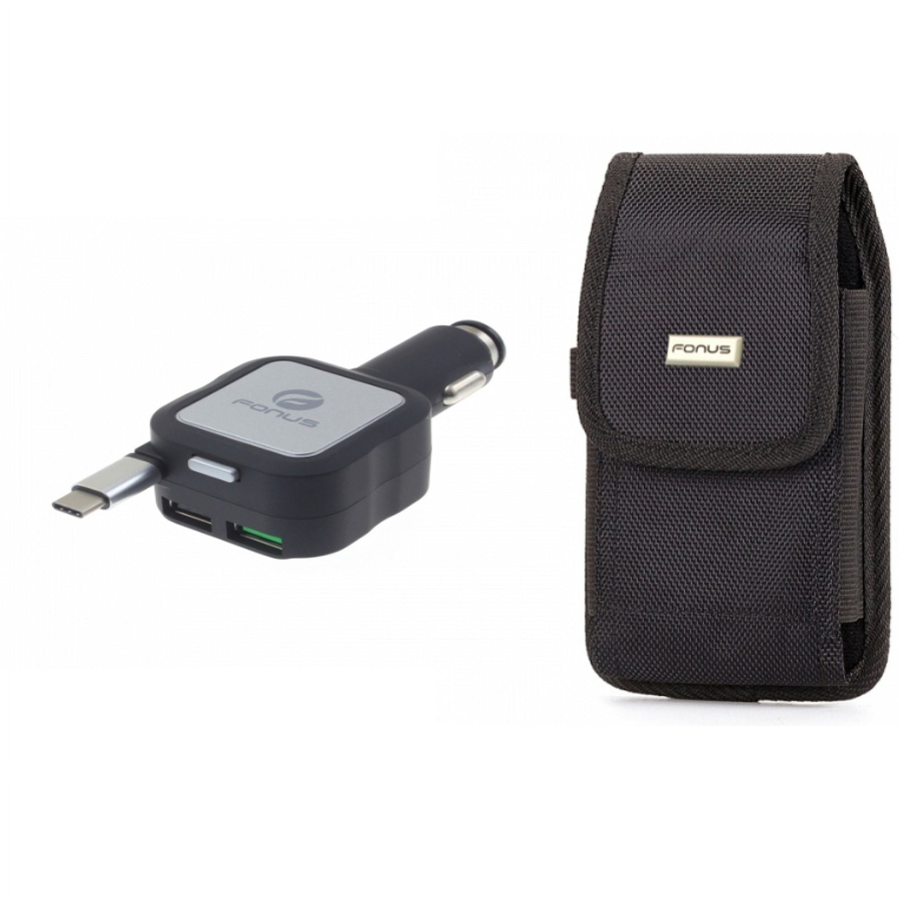 Car Charger & Case Belt Clip for iPhone 15 Pro Max - Retractable 4.8Amp Type-C 2-Port USB and Swivel Holster Rugged Cover A1Z for iPhone 15 Pro Max (6.7")