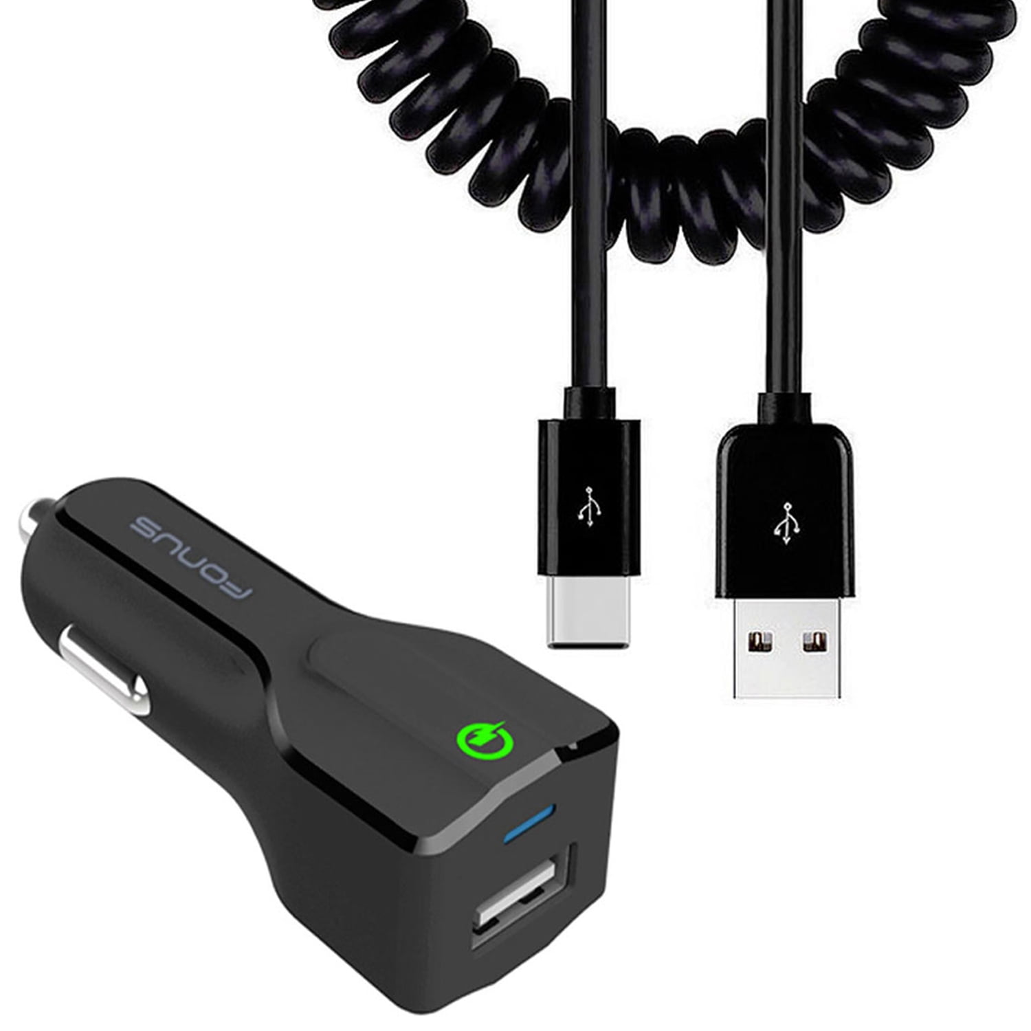 Car Charger Compatible With Motorola Moto G Play (2021,2023,2024,2026) - 18W Fast USB Port Coiled Cable Type-C Quick Charge