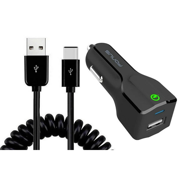 Car Charger Compatible With iPad Mini 8.3" (2021 6th Gen) - 18W Fast USB Port Coiled Cable Type-C Quick Charge DC Socket