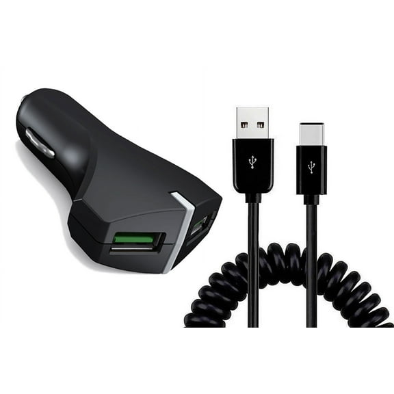 Car Charger Compatible With iPad Mini 8.3" (2021 6th Gen) - 36W Fast 2-Port USB Coiled Cable Type-C Quick Charge DC Socket