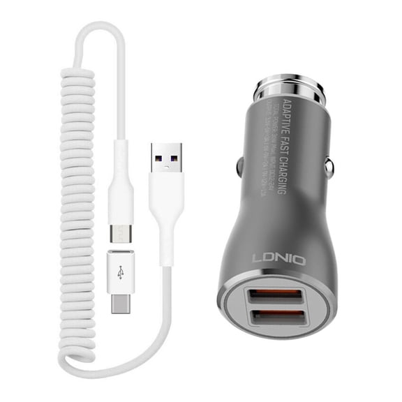 Car Charger for Consumer Cellular Verve Snap/Connect - 36W Fast 2-Port USB Coiled Cable Type-C Quick Charge DC Socket for Consumer Cellular Verve Snap/Connect