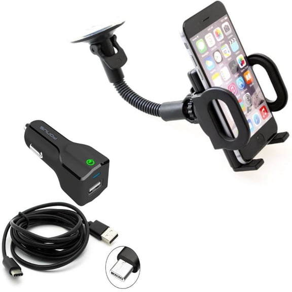 Car Charger & Car Mount for Samsung Galaxy S24/Ultra/Plus - 18W Fast USB Port 6ft Cable Type-C, Holder Windshield Cradle Swivel for Galaxy S24/Ultra/Plus