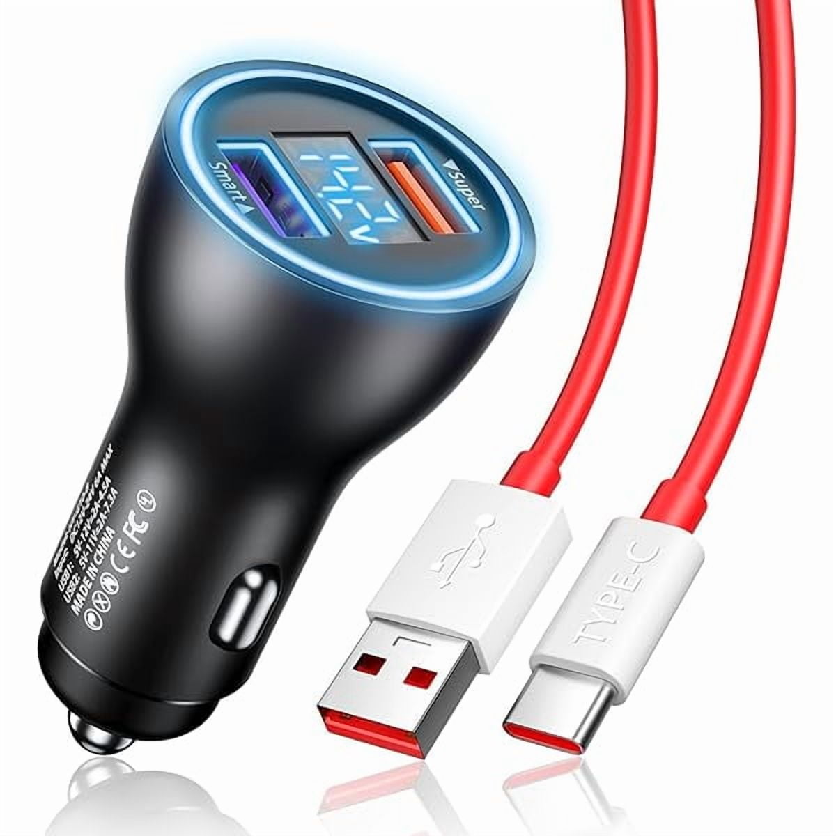 Car Charger SuperVOOC 100W 80W for OnePlus 13 13R 12R 12 11 10t 10 Pro, 65W Warp Charger for OnePlus Nord N30 N100 Open Pad 9 Pro 8 7T 6T 6 LED Display Dual USB Car Charger Adapter 3.3FT Fast Cable