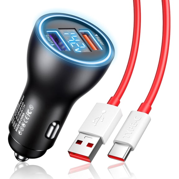 Car Charger for SuperVooc 100W 80W for OnePlus 13 15 13R 12R 12 11 10 Pro, 65W Charger for OnePlus Nord N30 N100 Open Pad 9 Pro 8 7T 6T 6 LED Display Dual USB Car Charge Adapter 3.3FT Fast Cable