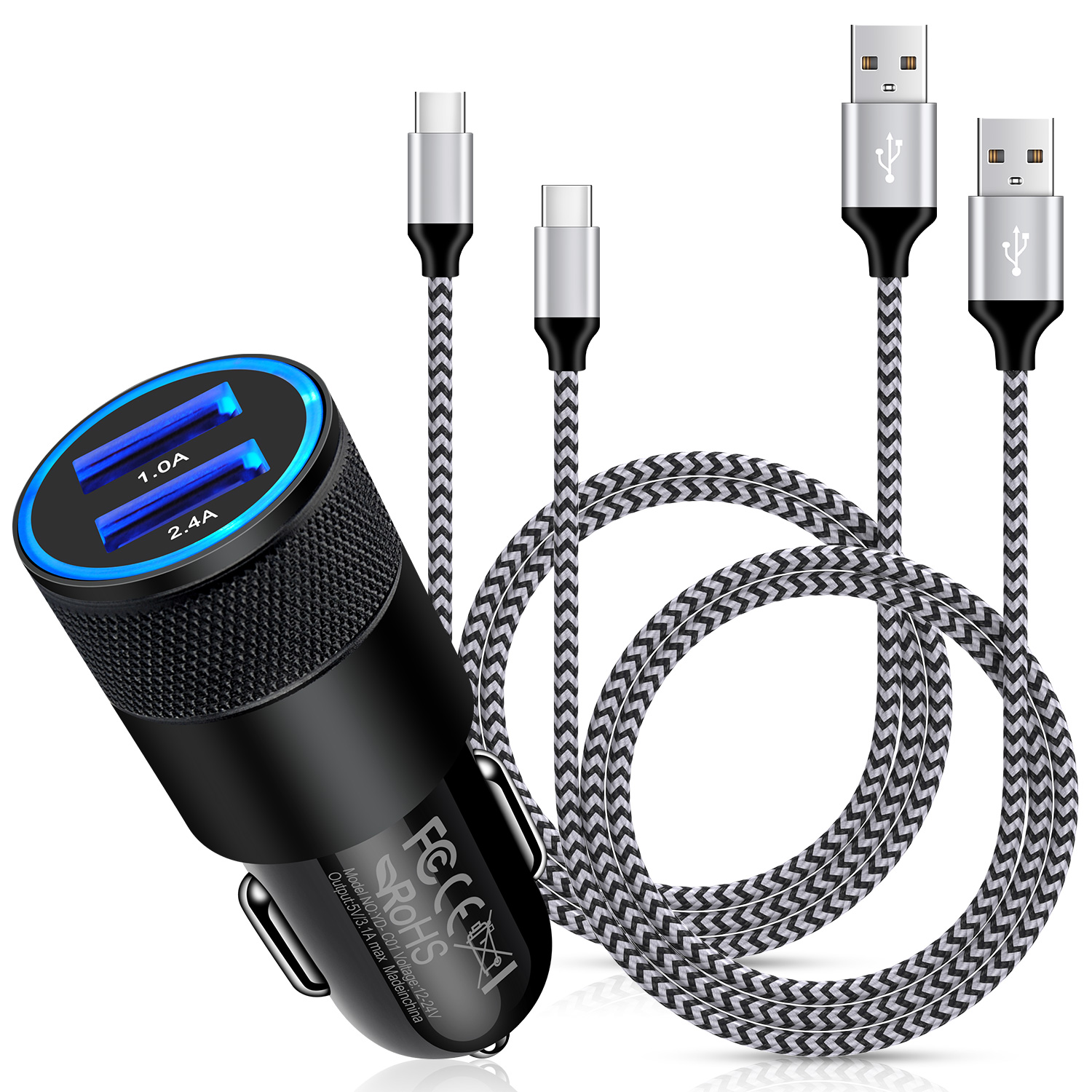 Mini USB Car Charger Adapter + Micro USB Cable (3ft) Pink