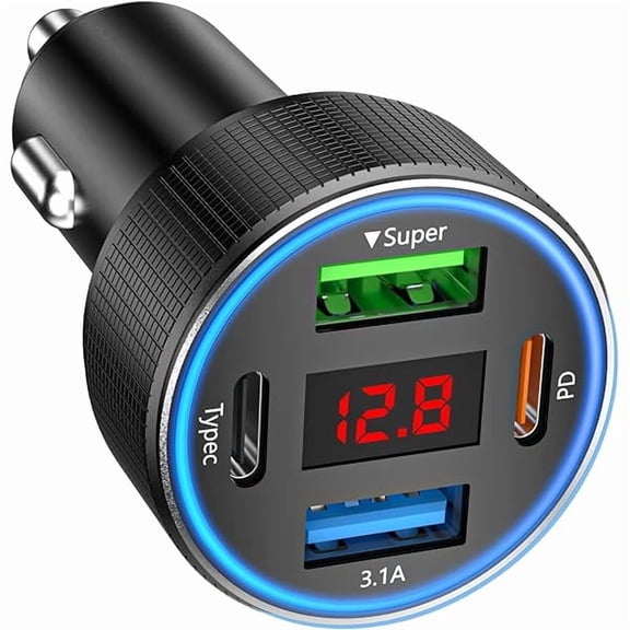 Car Charger USB C, 78W 4 Port Fast Charging Car Phone Charger Adapter, Dual USB-C & USB-A Cigarette Lighter Adapter with Voltmeter Type C Vehicle Accessories for iPhone 17 16, iPad, Samsung, Android