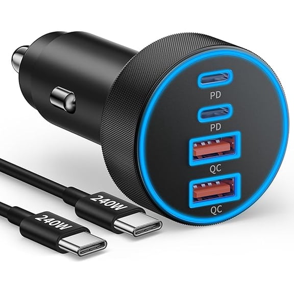 Car Charger USB C Fast Charge, 90W 4-Port Car Phone Charger Super Fast Charging Dual USB-C & USB-A Cigarette Lighter Adapter with 240W Type C Cable for Samsung Galaxy S26/S25/S24/ S23, Pixel, Android