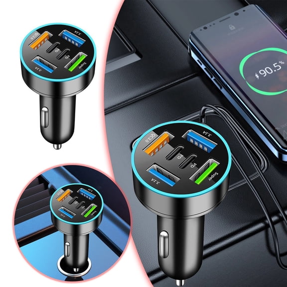 Car Charger USB Car Charger for USB Port Power 6 Port Smart Charging Hub with 6 USB Interfaces and PD Support for Simultaneous Device Charging, 6x3.85x2 cm, Black