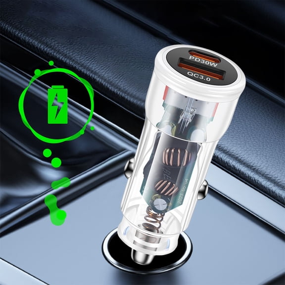 Car Charger | USB PD Fast Charging | QC3.0, Quick Charge, 30W Power | Stable Metal Spring, Overheat Protection, Smart Temp Control | White, Blue | 12-30V | 0.98x2.56 in