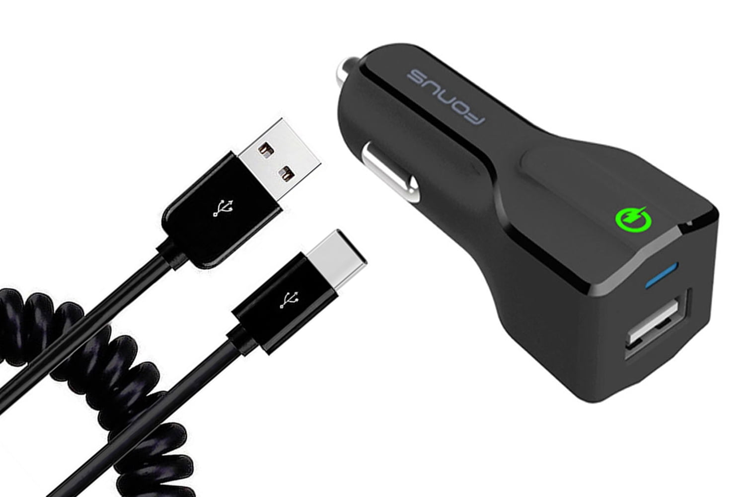 Car Charger for Motorola Moto Tab G62/Tab G70 - 18W Fast USB Port Coiled Cable Type-C Quick Charge DC Socket Power