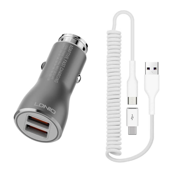 Car Charger for Motorola Moto Tab G70/G62 - 36W Fast 2-Port USB Coiled Cable Type-C Quick Charge for Tab G70/G62