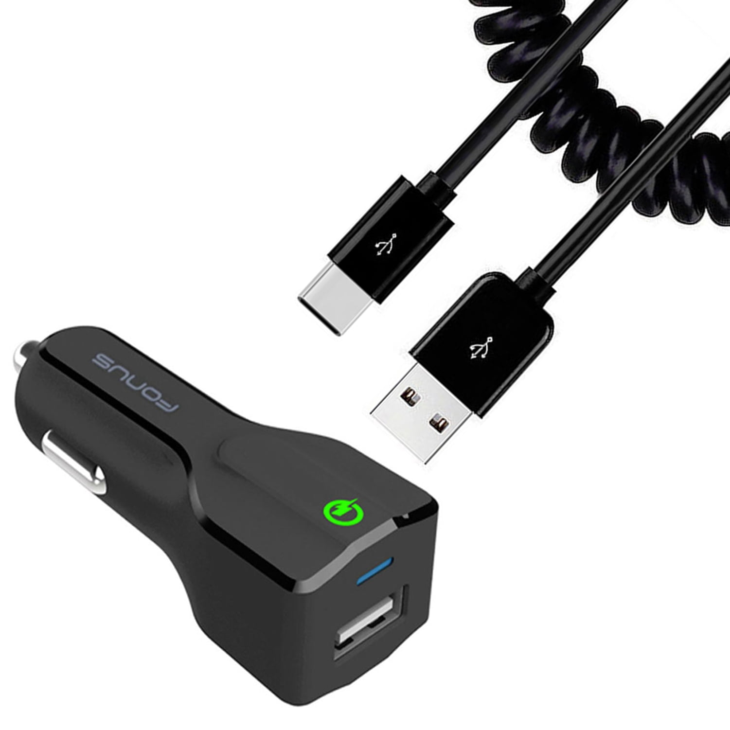 Car Charger for Nokia C200, T20/T21 - 18W Fast USB Port Coiled Cable Type-C Quick Charge for Nokia C200, T20/T21
