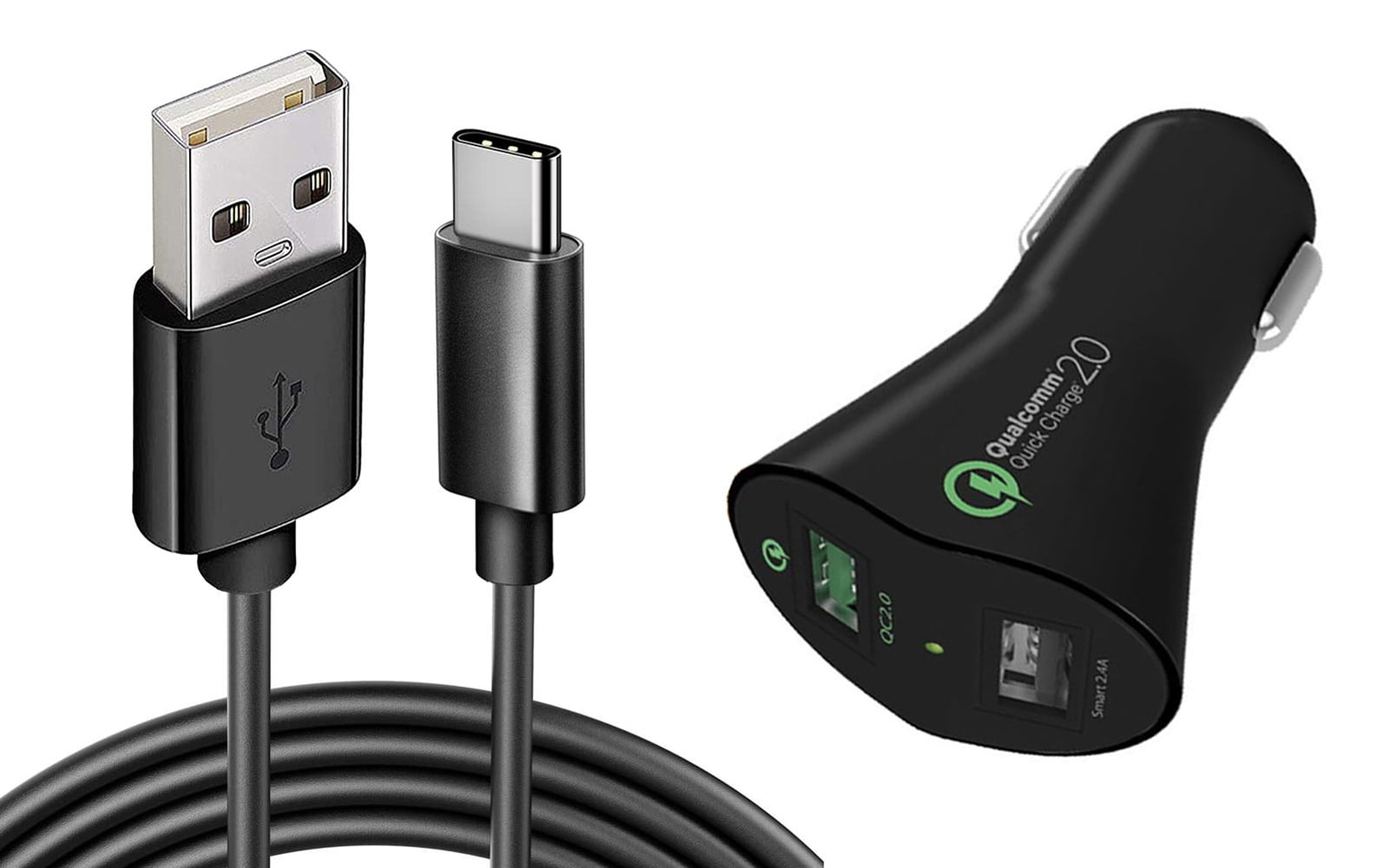 Car Charger for Nokia C200, T20/T21 - 30W Fast 2-Port USB 6ft Cable Type-C Quick Charge for Nokia C200, T20/T21