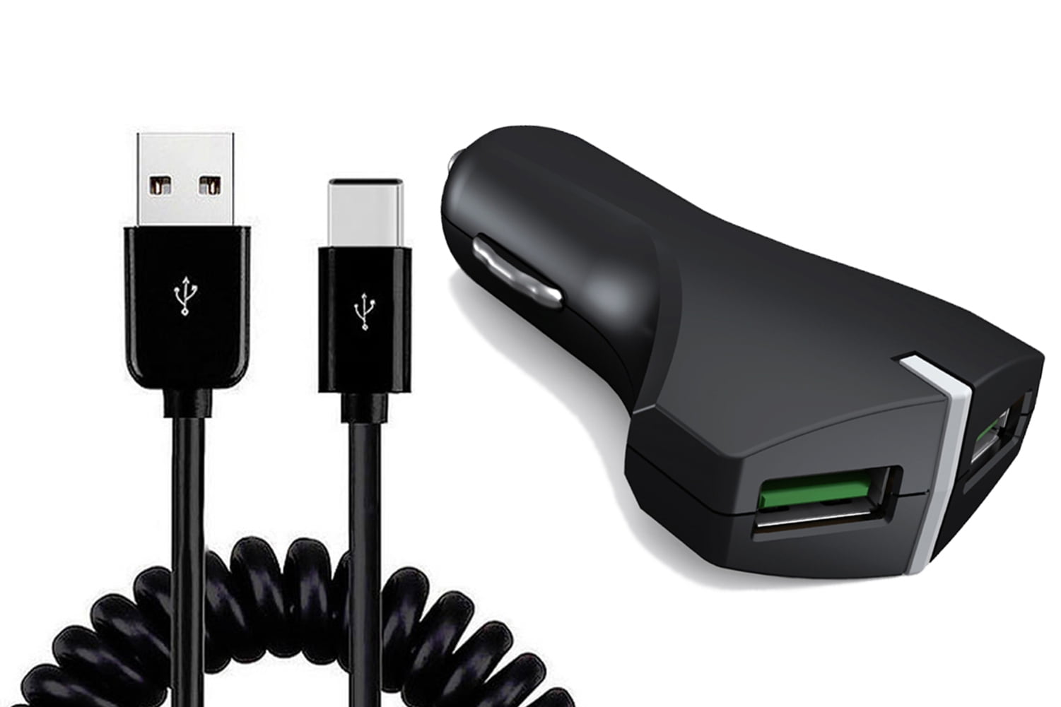 Car Charger for Nokia C200, T20/T21 - 36W Fast 2-Port USB Coiled Cable Type-C Quick Charge for Nokia C200, T20/T21